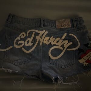 Ed Hardy Blue Denim Shorts with White Graphic